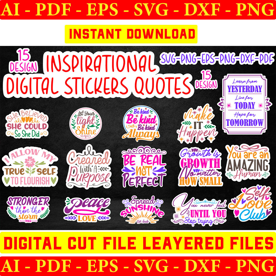 Inspirational Digital stickers Quotes Designs Bundle cover image.