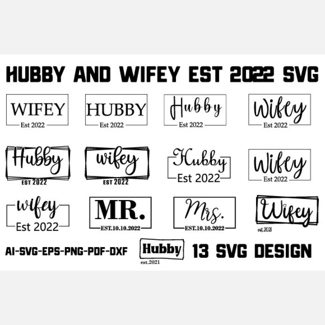 Set of black and white labels with the words hubby and wife.