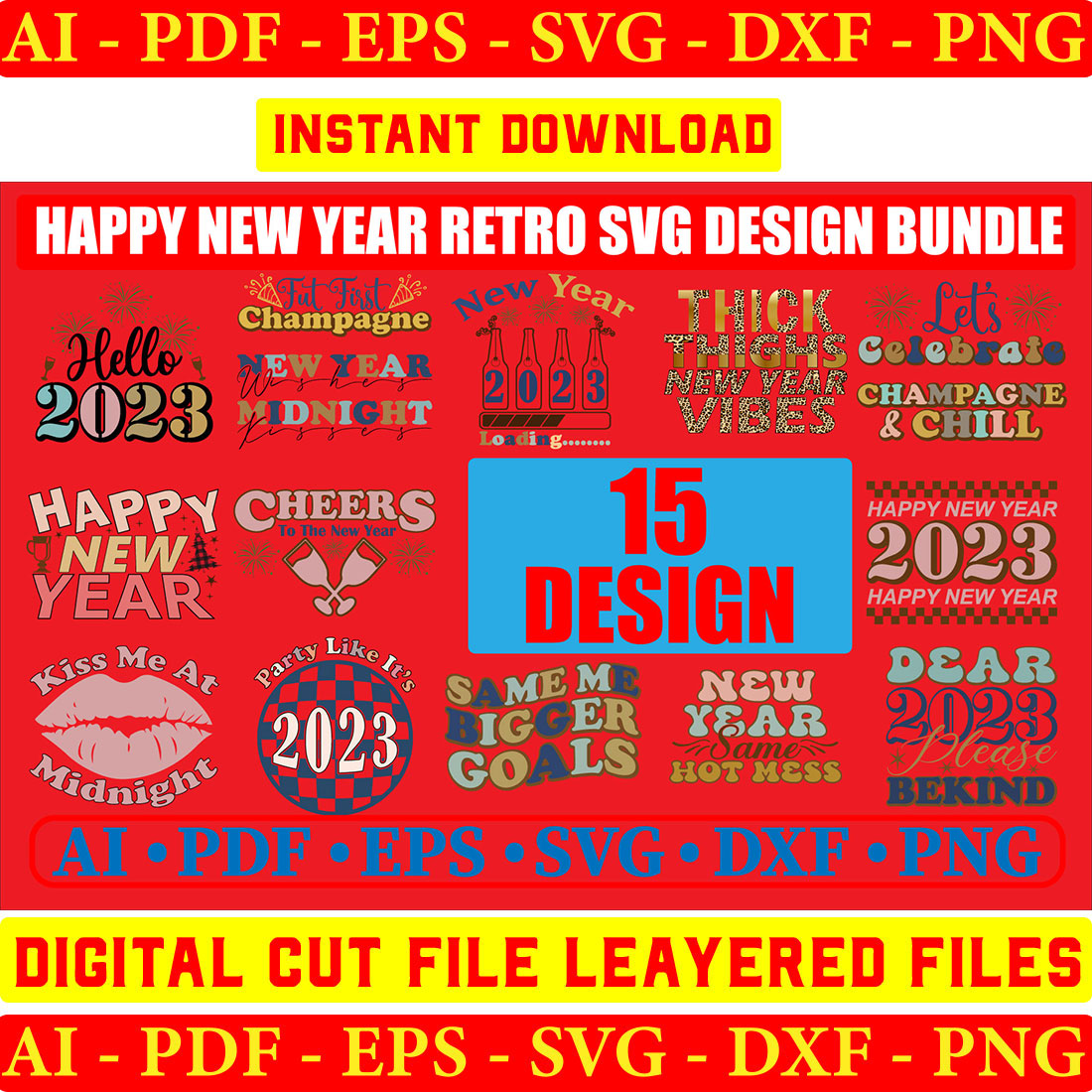Happy New Year Retro SVG Designs Bundle cover image.