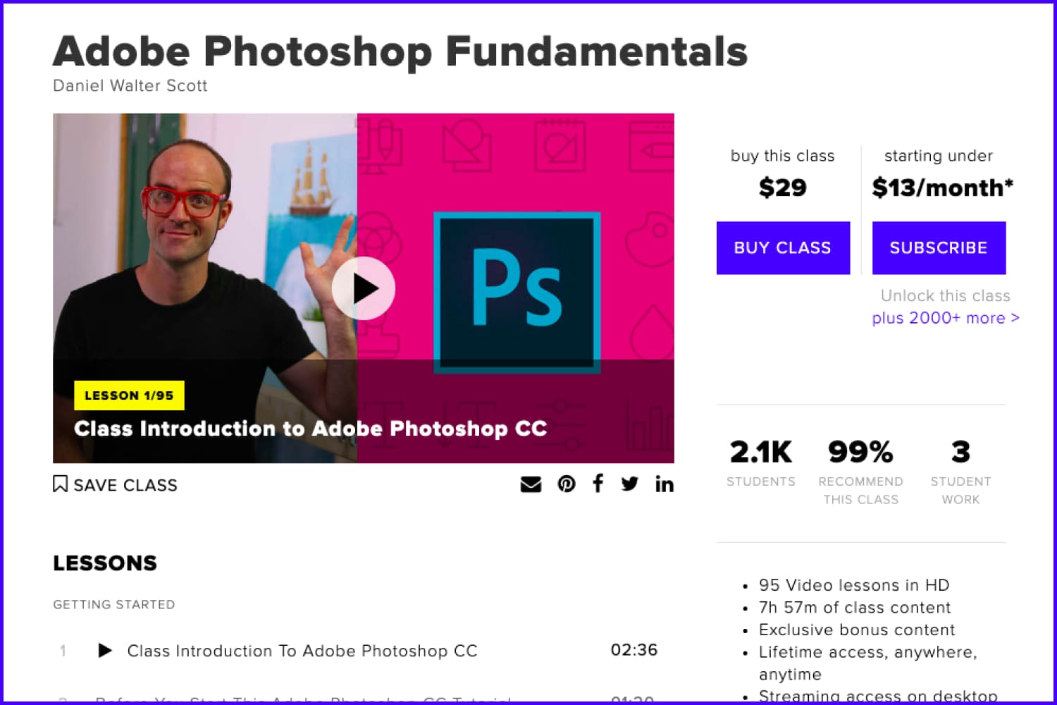 Screenshot of the main page of the Adobe Photoshop Fundamentals course website.