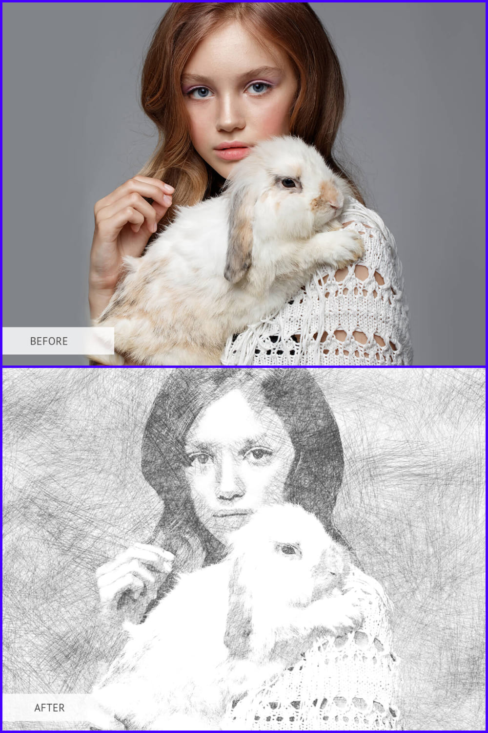 Collage of two photos of a girl with a rabbit in color and with a sketch effect.