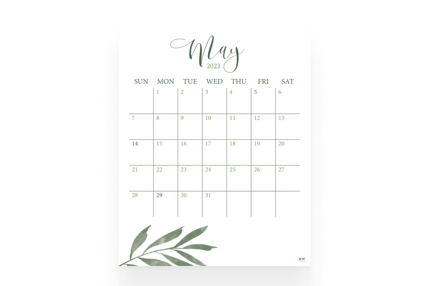 May calendar with white background, green color scheme and twig with leaves.