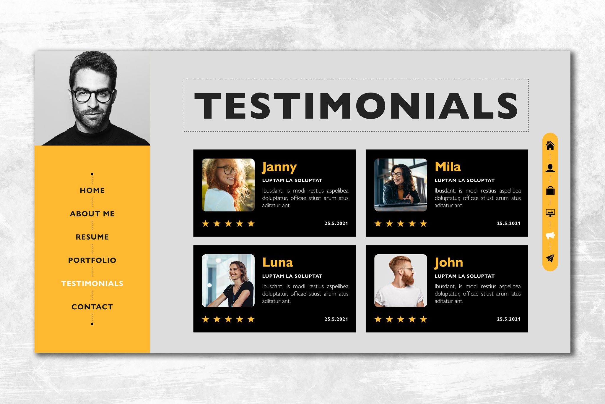 Yellow and black testimonias with a man's face.