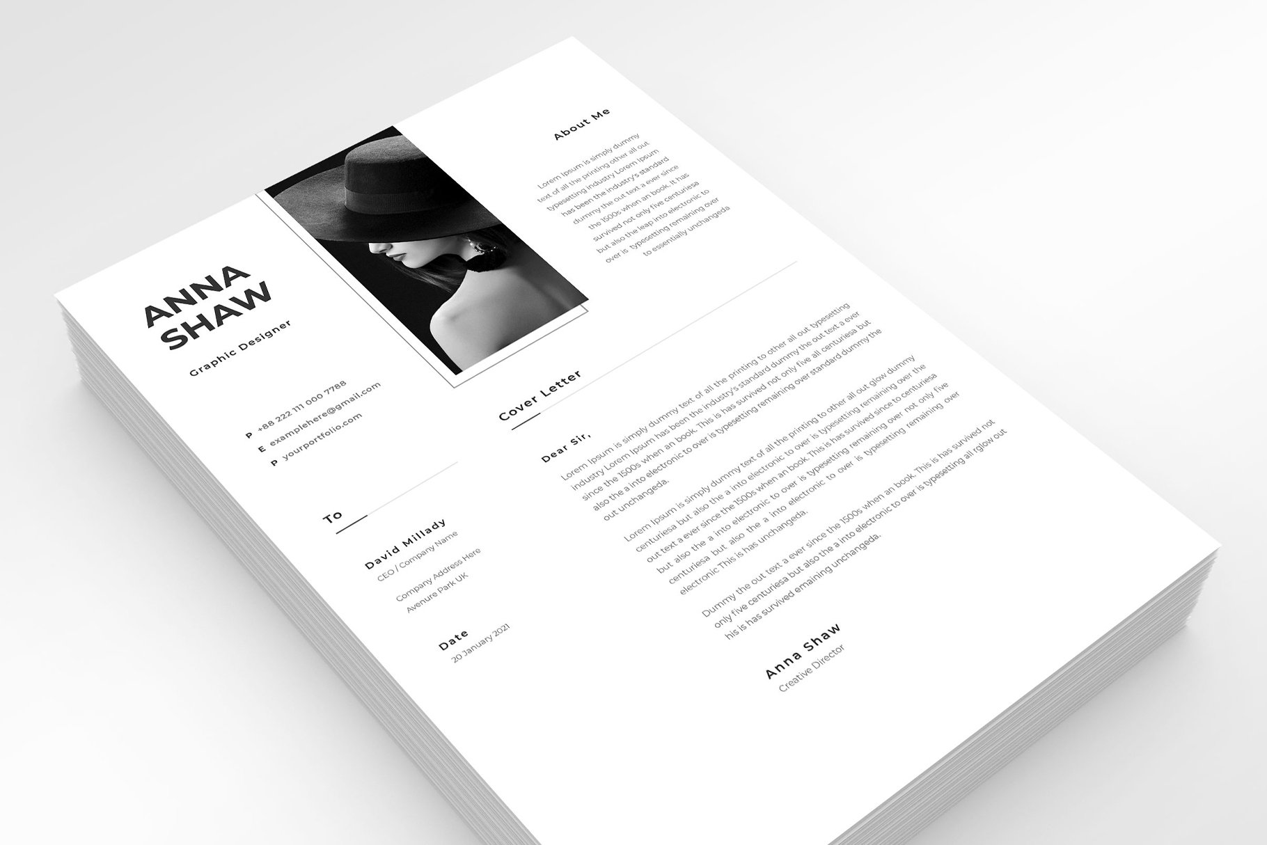 White and black resume with a black and white photo.