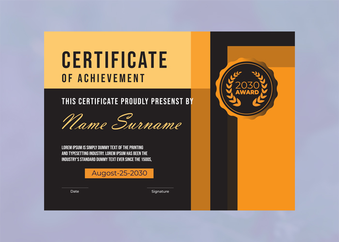 Certificate of achievement with an orange and black background.