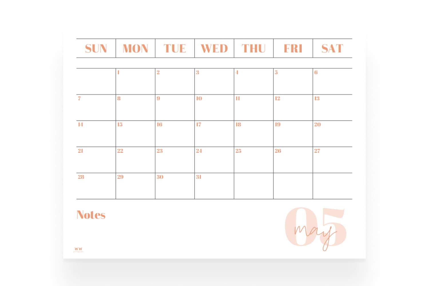 May calendar with white background, beige color scheme and space for notes.