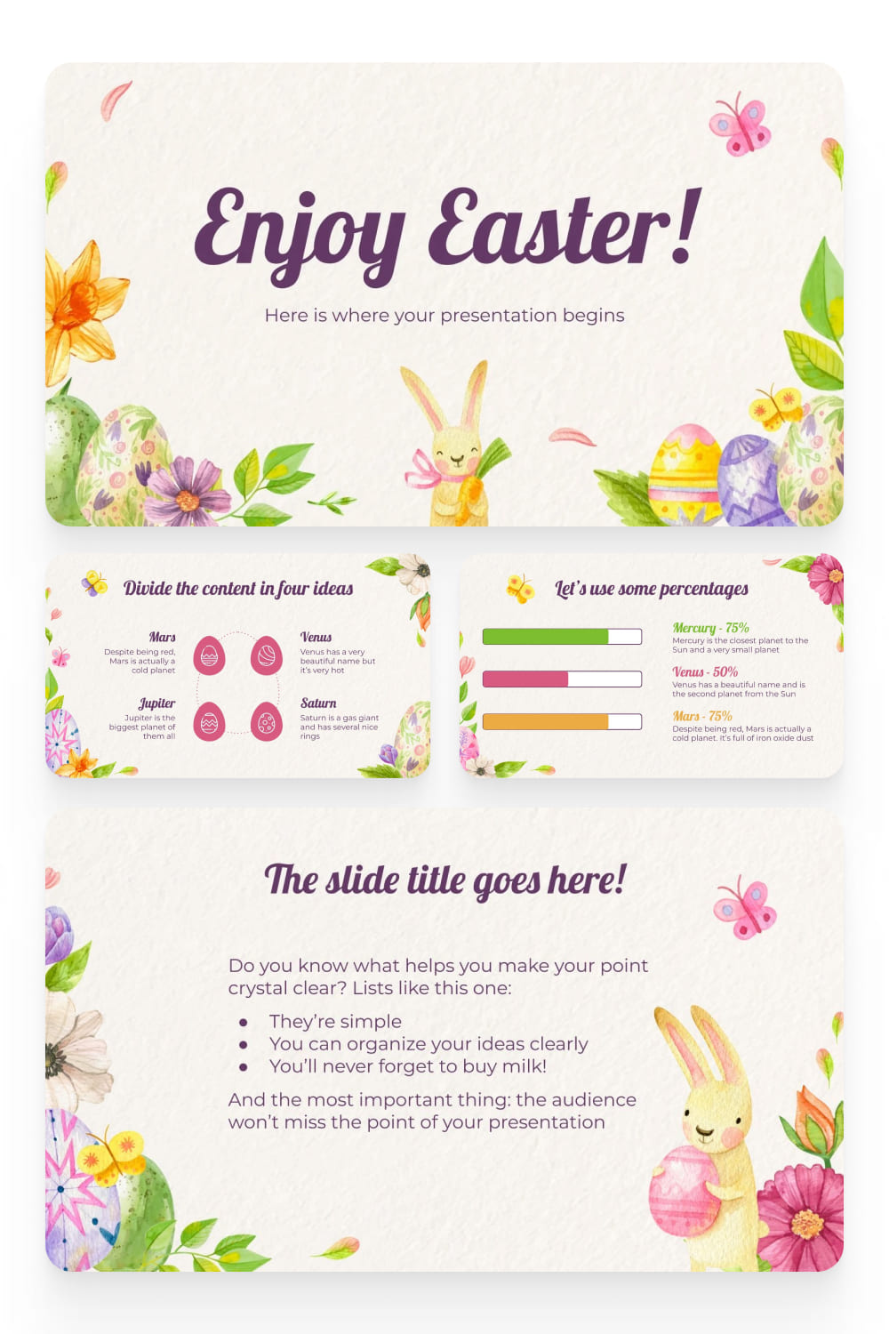 Collage of Easter presentation pages with colorful infographics and a rabbit with an egg.