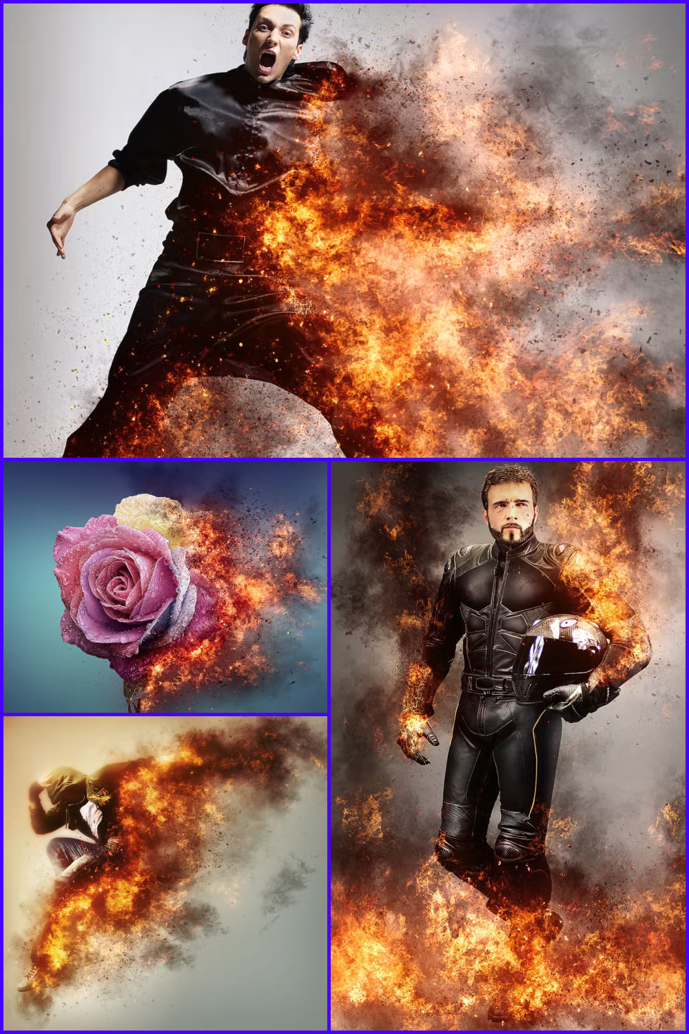 Collage of photos of a motorcyclist, a flower and a guy in black with a burning effect.
