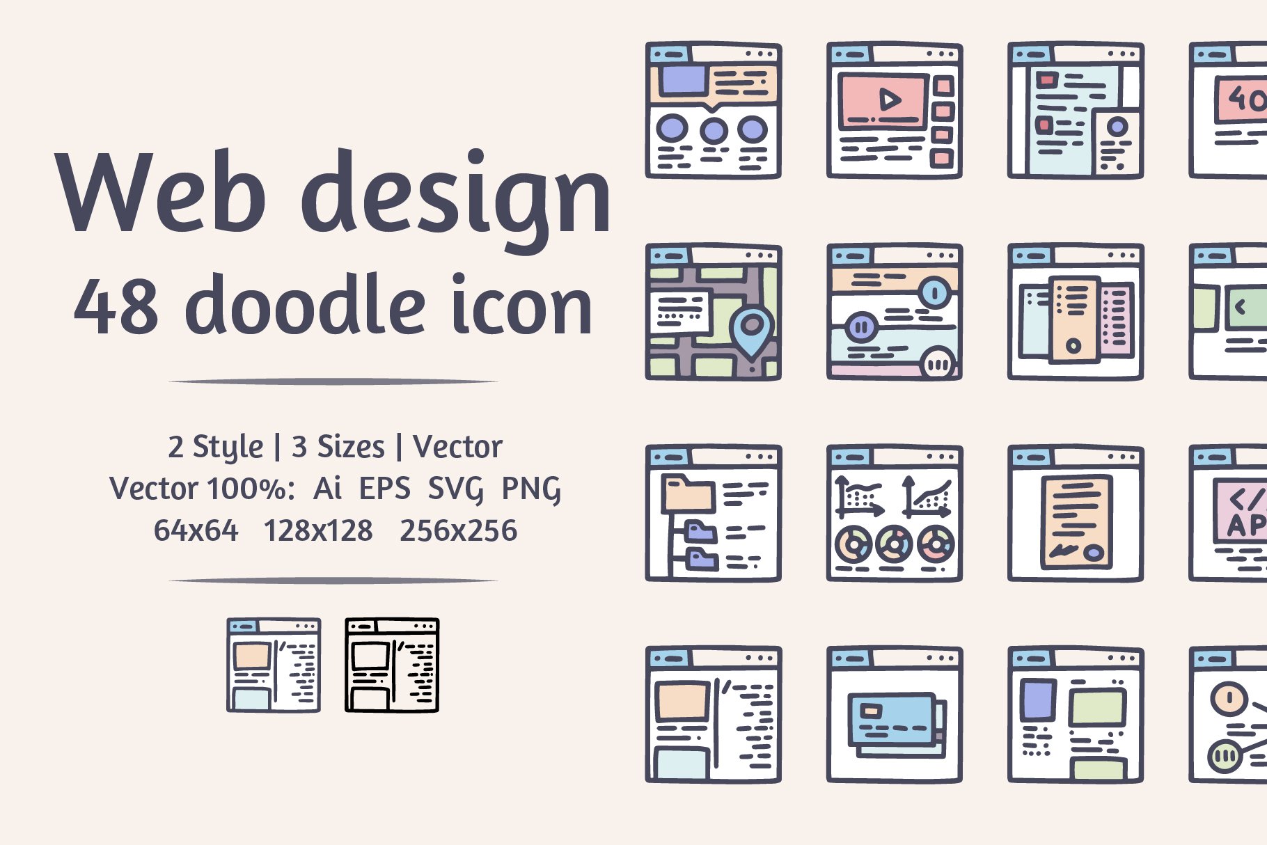 Web design color 48 doodle icons cover image.