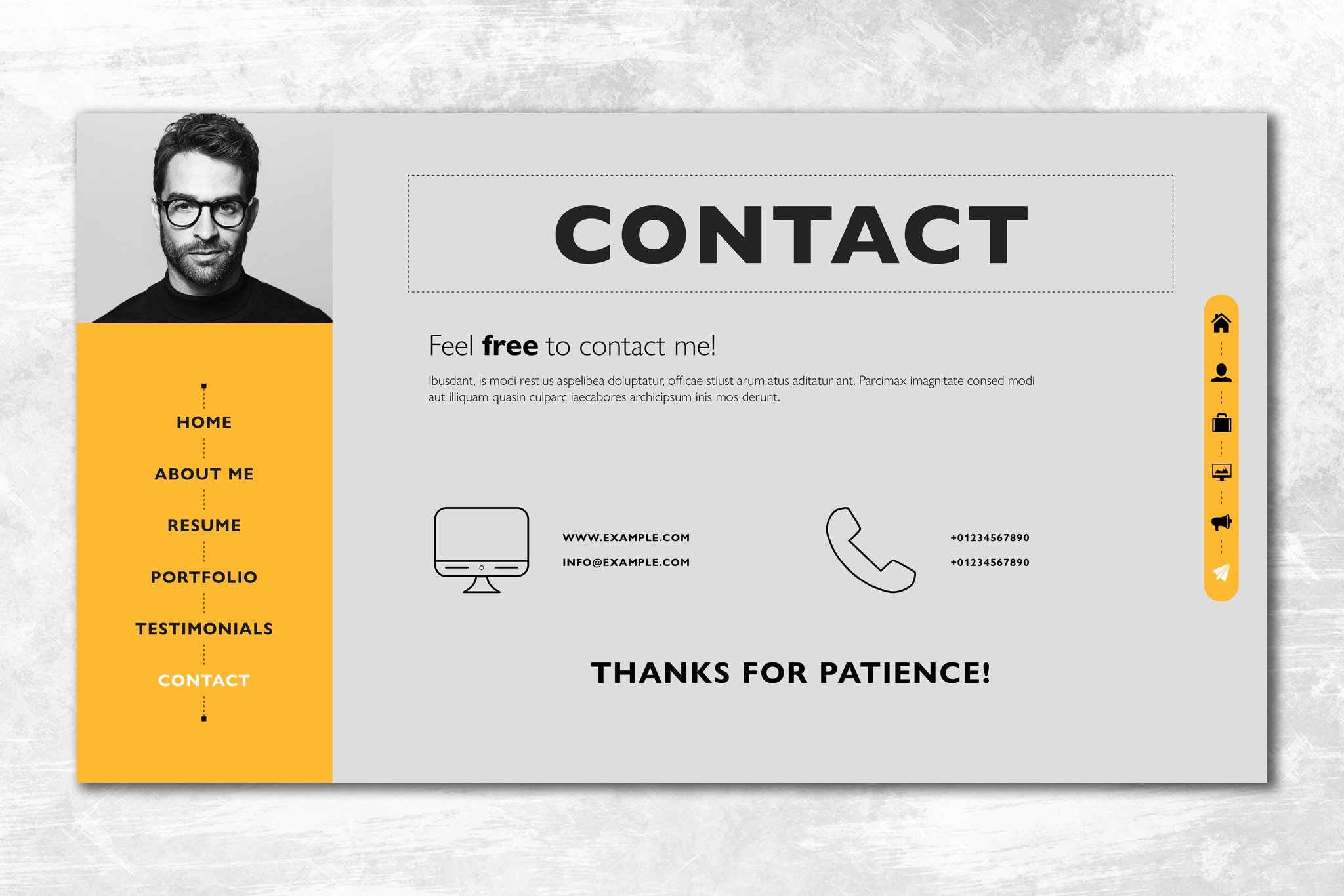 Yellow and gray contact card with a picture of a man.