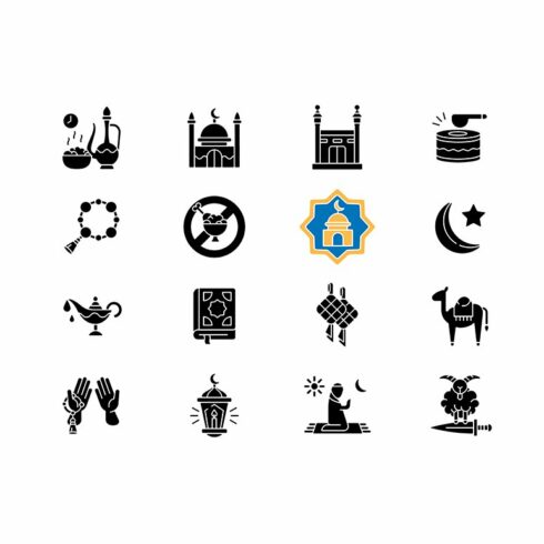 Muslim holidays black glyph icons cover image.