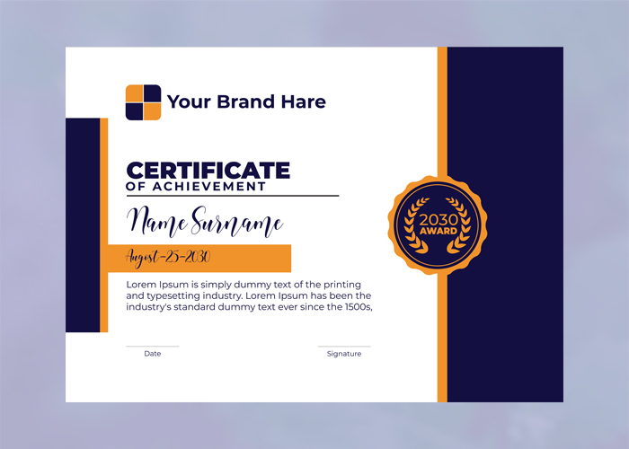 Certificate of achievement with a blue and orange background.