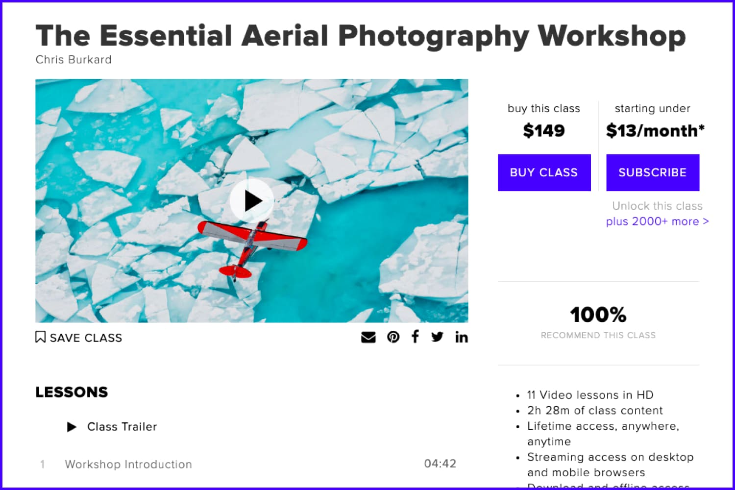 Screenshot of the main page of the course The Essential Aerial Photography Workshop website.
