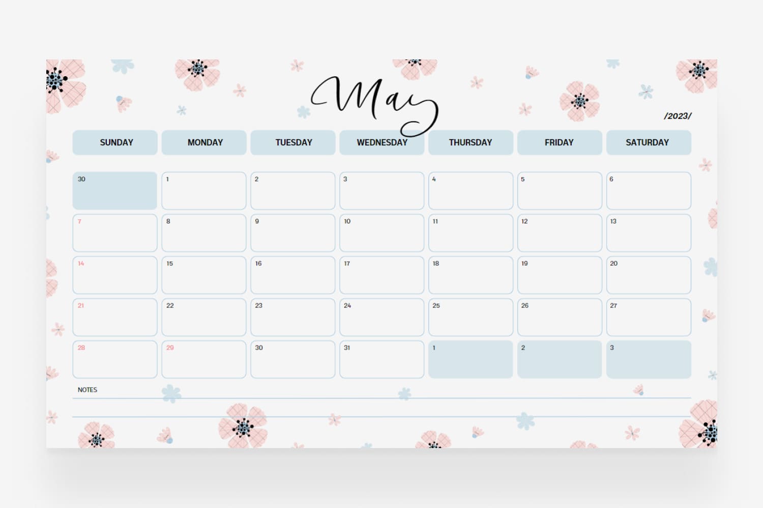 May aesthetic calendar with a beige and blue color scheme and delicate floral illustrations.
