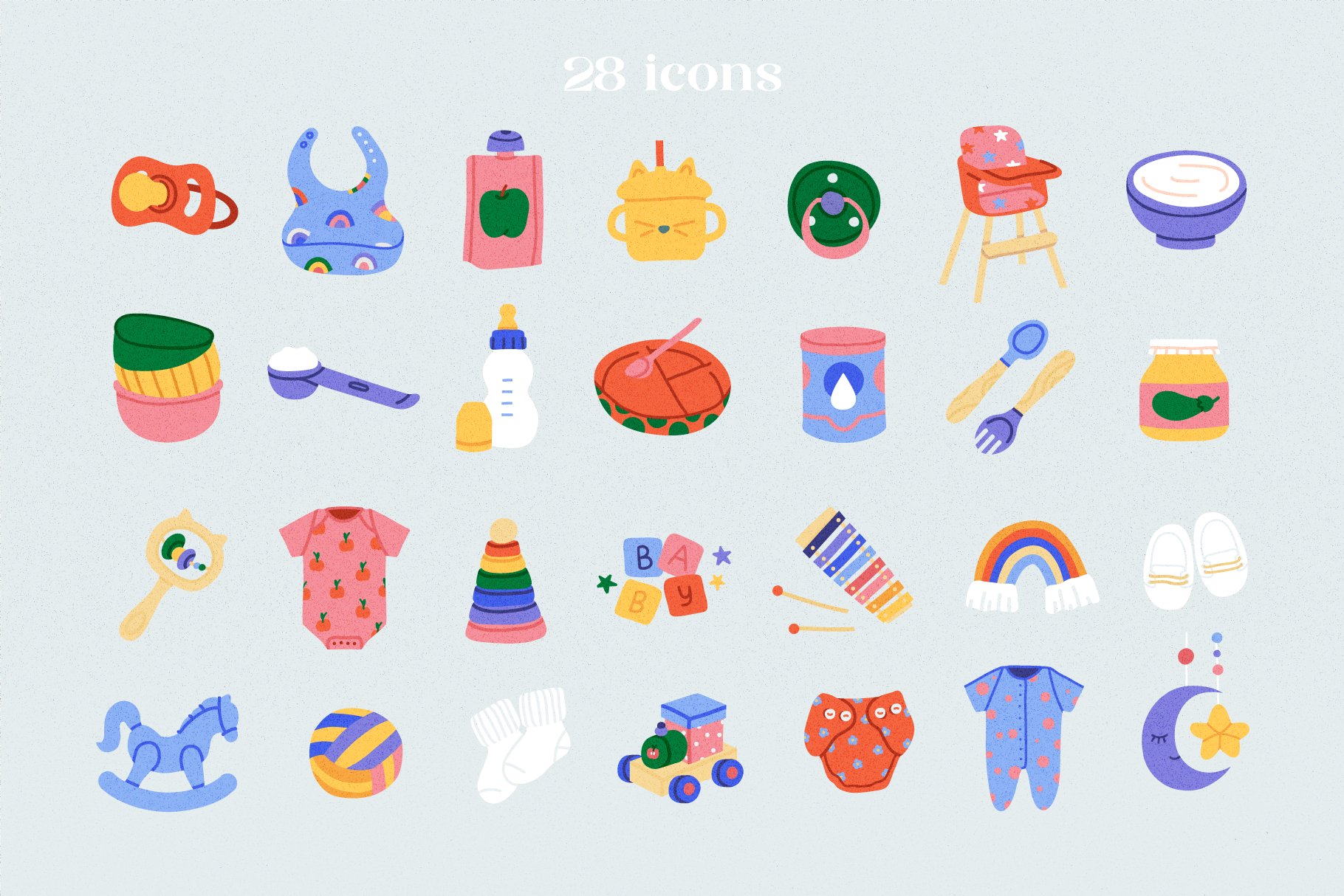 Newborn stuff. Baby toys, food icons preview image.