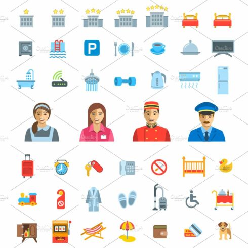 Hotel Services Vector Flat 46 Icons cover image.