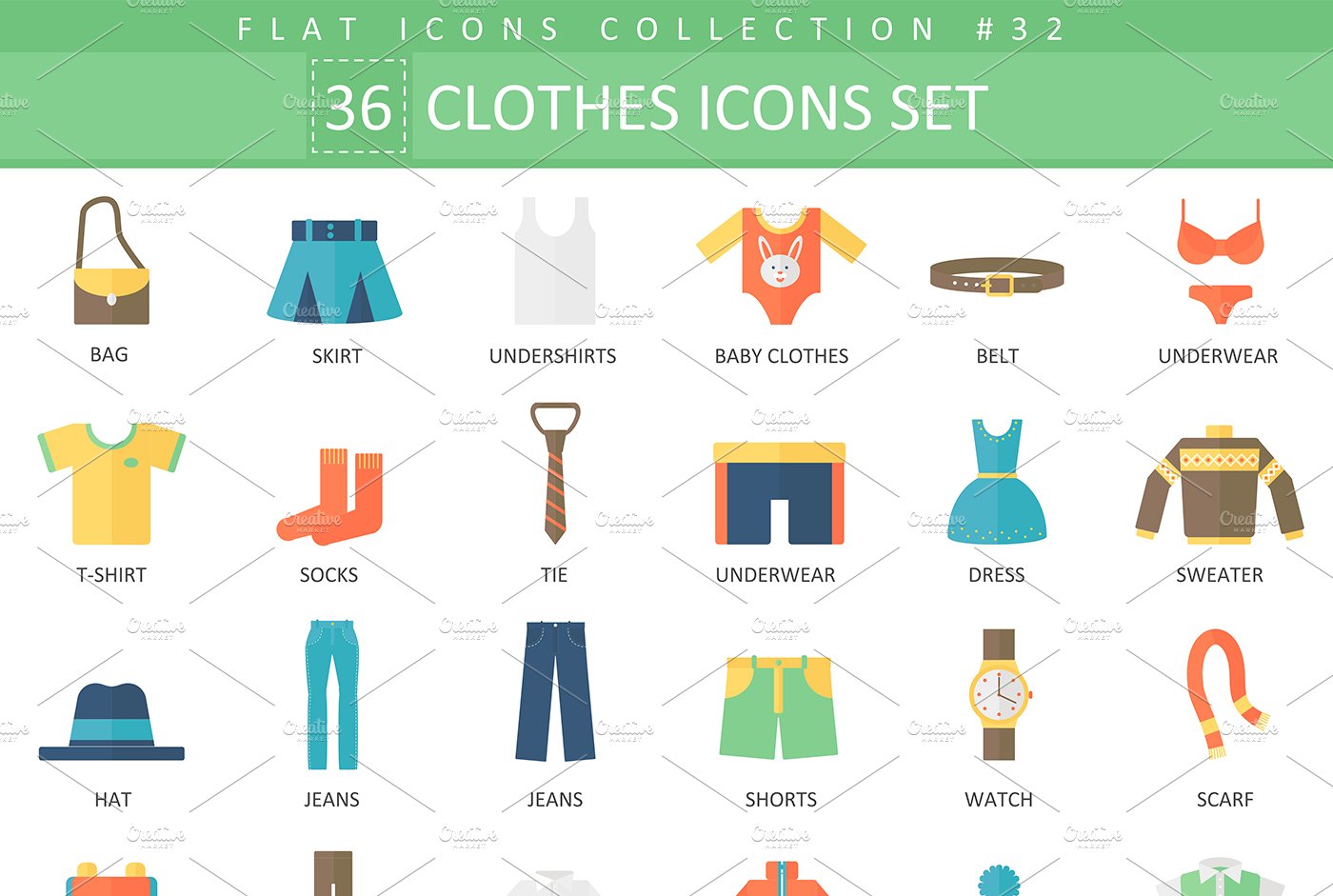 36 Clothes flat icons set. cover image.