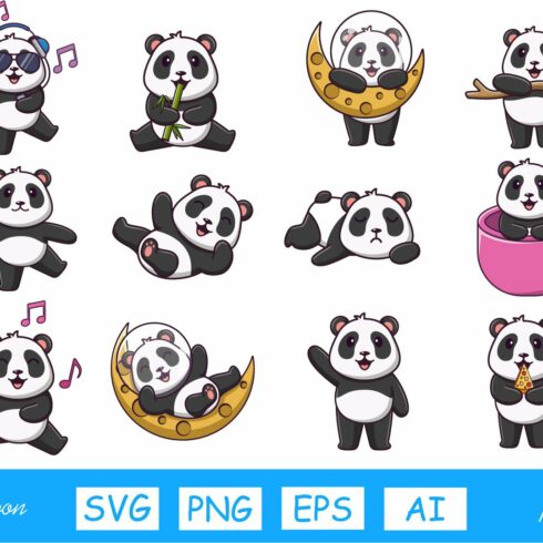 Set of twelve cute panda cartoon cover image.