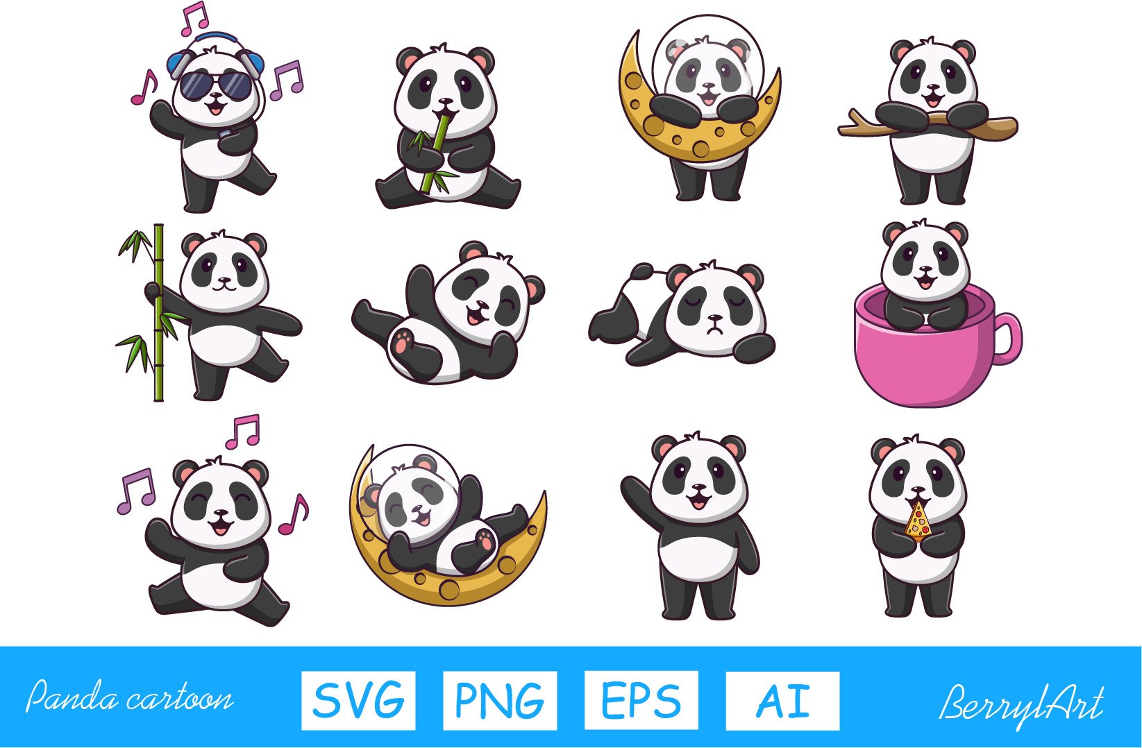 Set of twelve cute panda cartoon cover image.