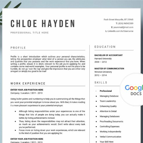 Goggle Docs Resume Template cover image.