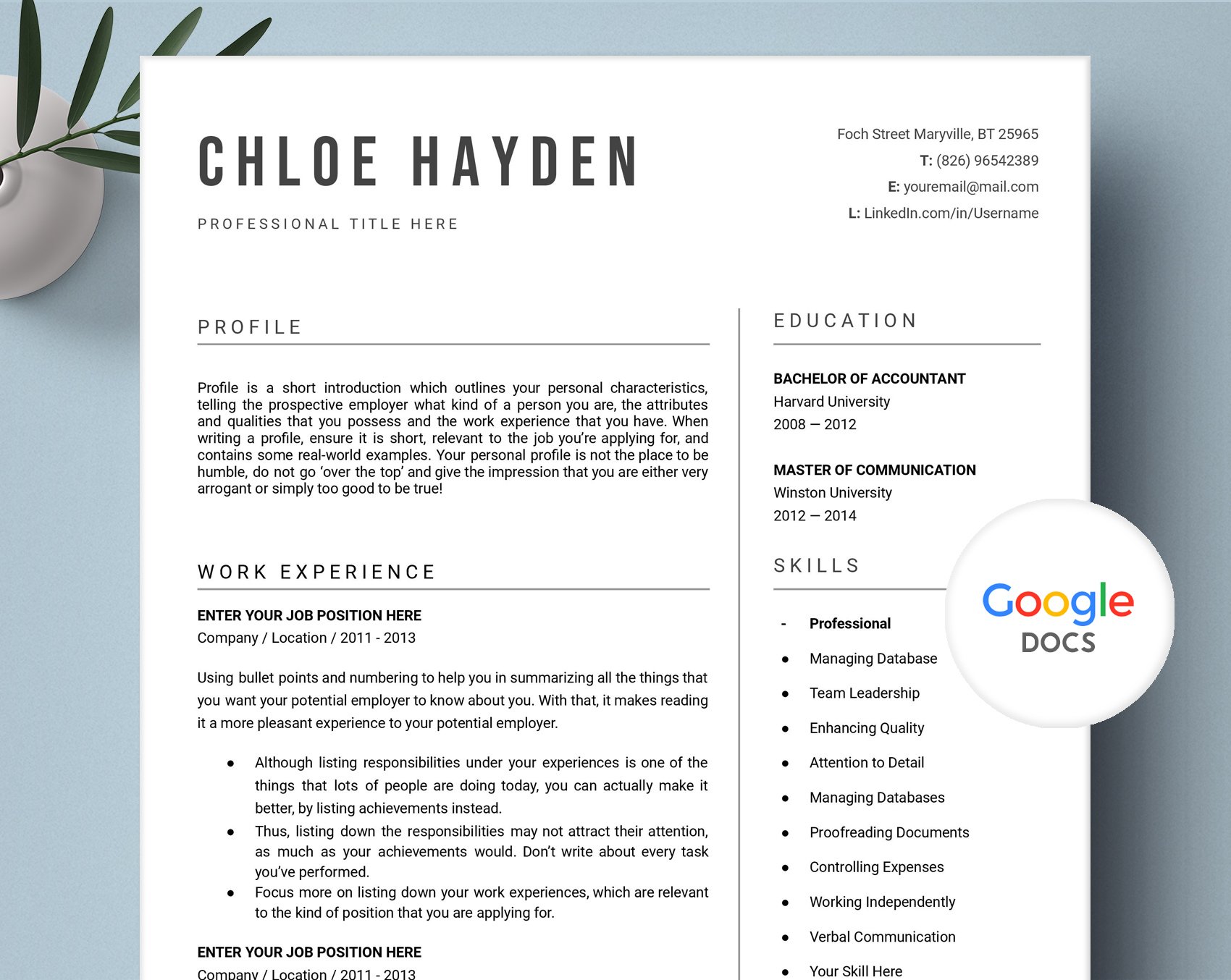 Goggle Docs Resume Template cover image.
