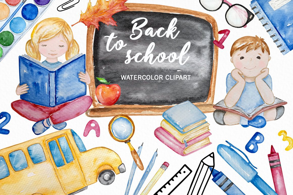 Watercolor School clipart cover image.