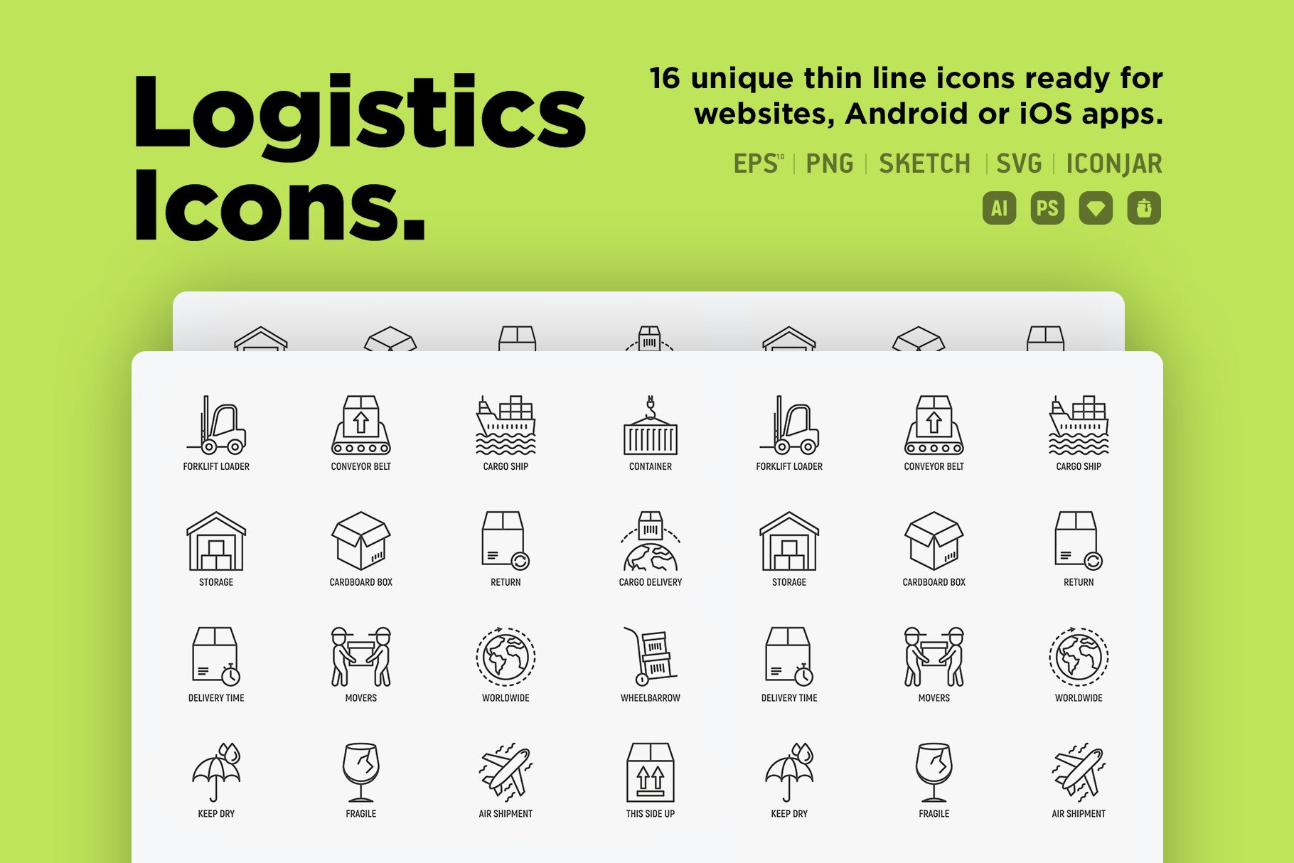 Logistics | 16 Thin Line Icons Set preview image.