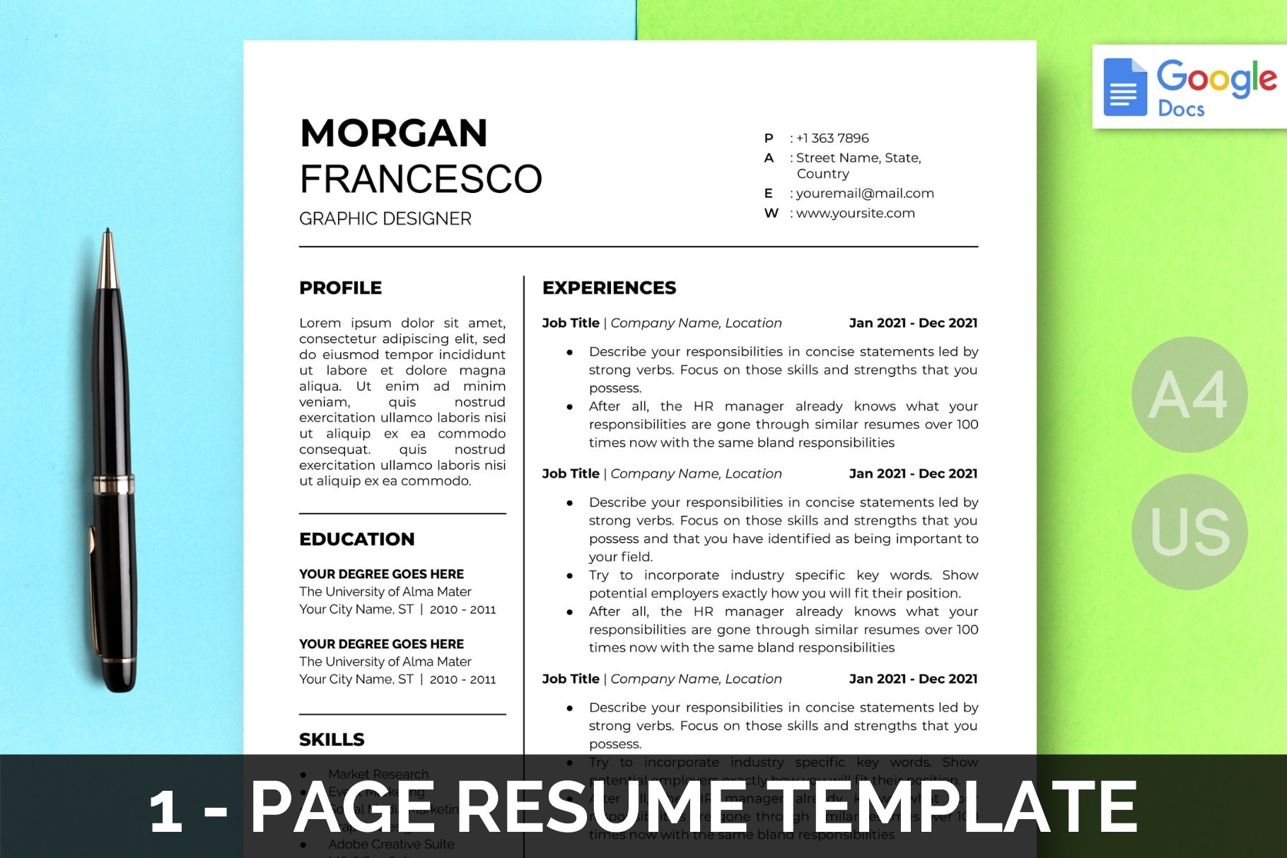 Google Docs Resume Template | 1 Page cover image.