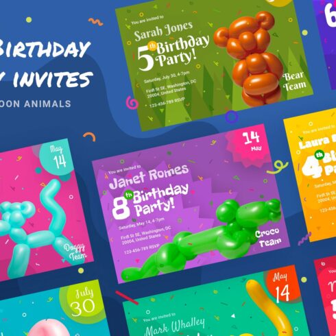 Birthday invites with Baloon animals cover image.