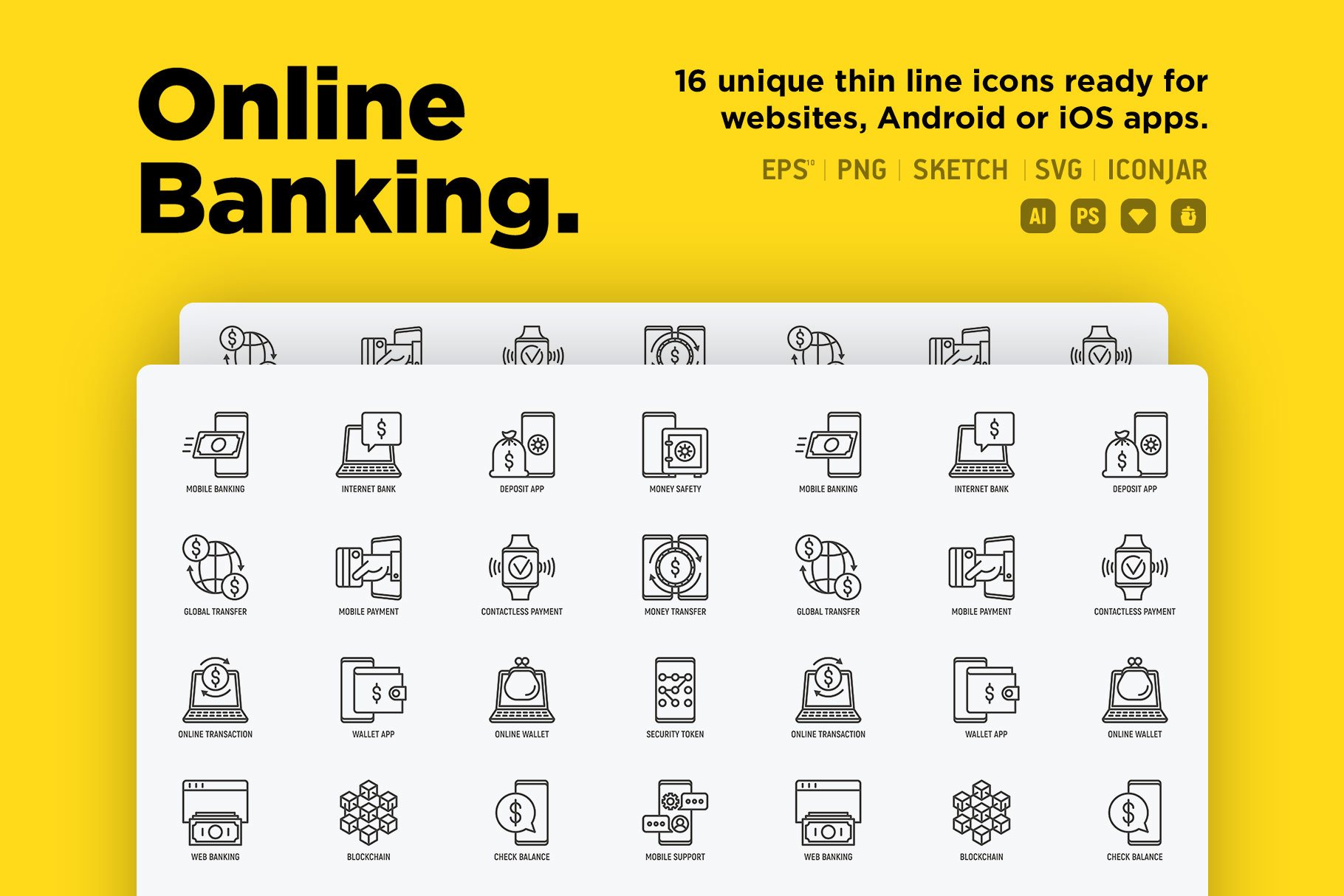 Online Banking | 16 Thin Line Icons preview image.