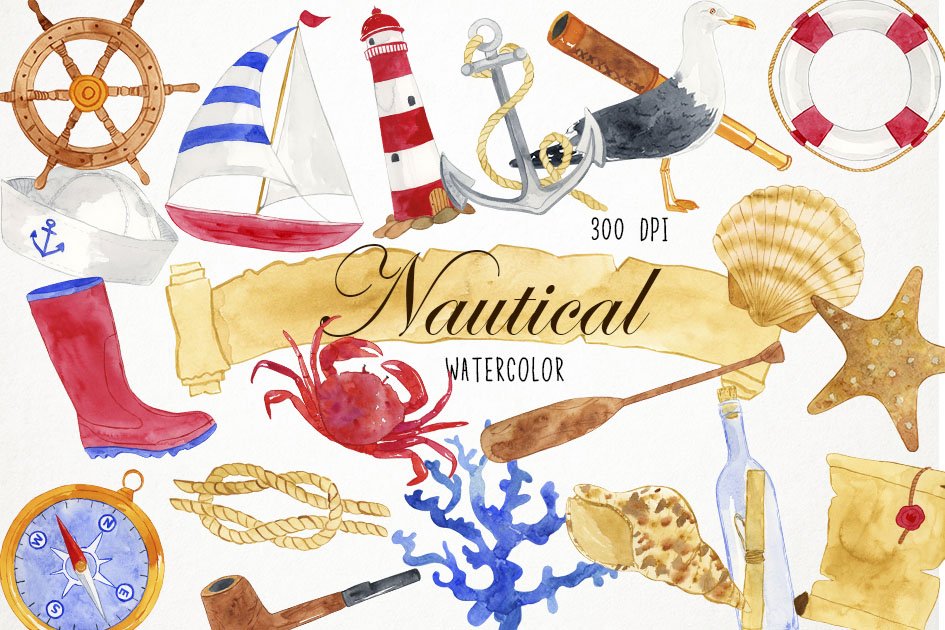 Watercolor Nautical Clipart cover image.
