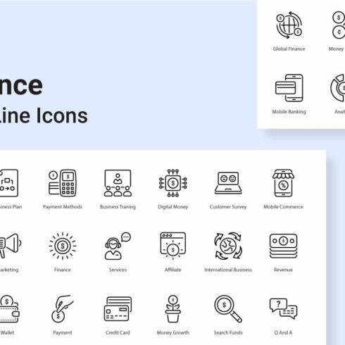 Finance 56 thin line icons cover image.