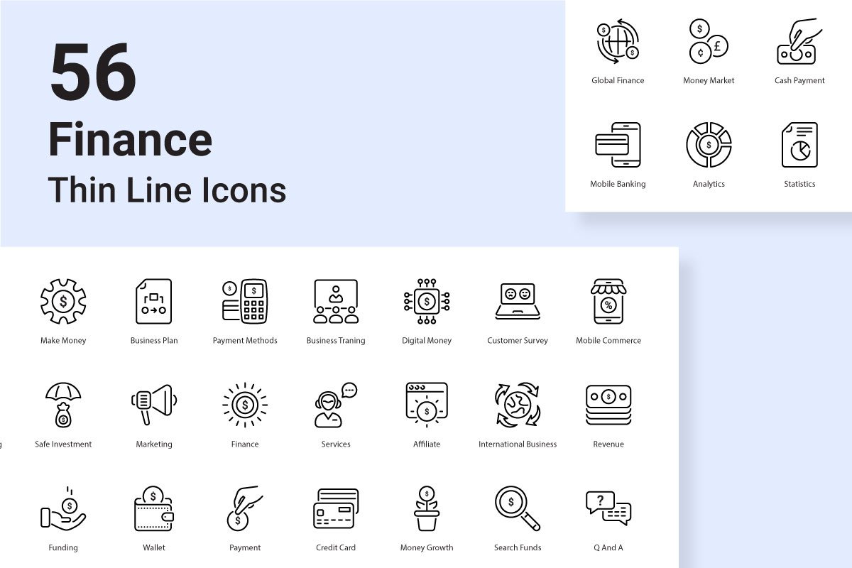 Finance 56 thin line icons cover image.