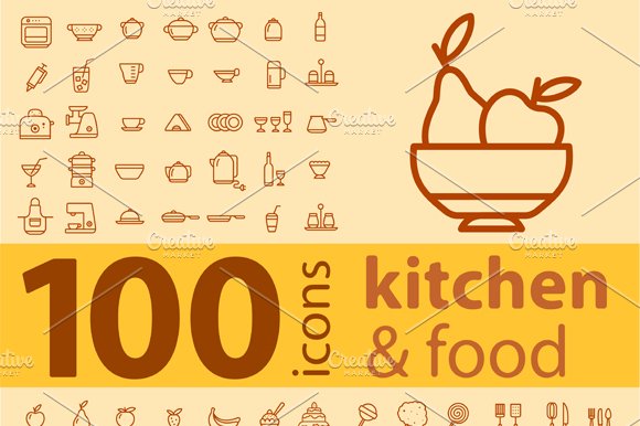 Set of 100 kitchen icons. cover image.