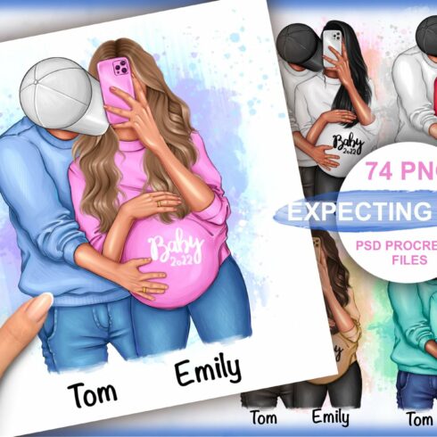 Couple with pregnant girl clipart cover image.