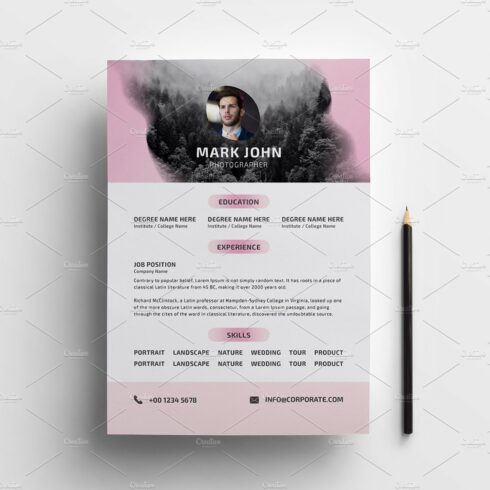 Pink and white resume template with a pencil.