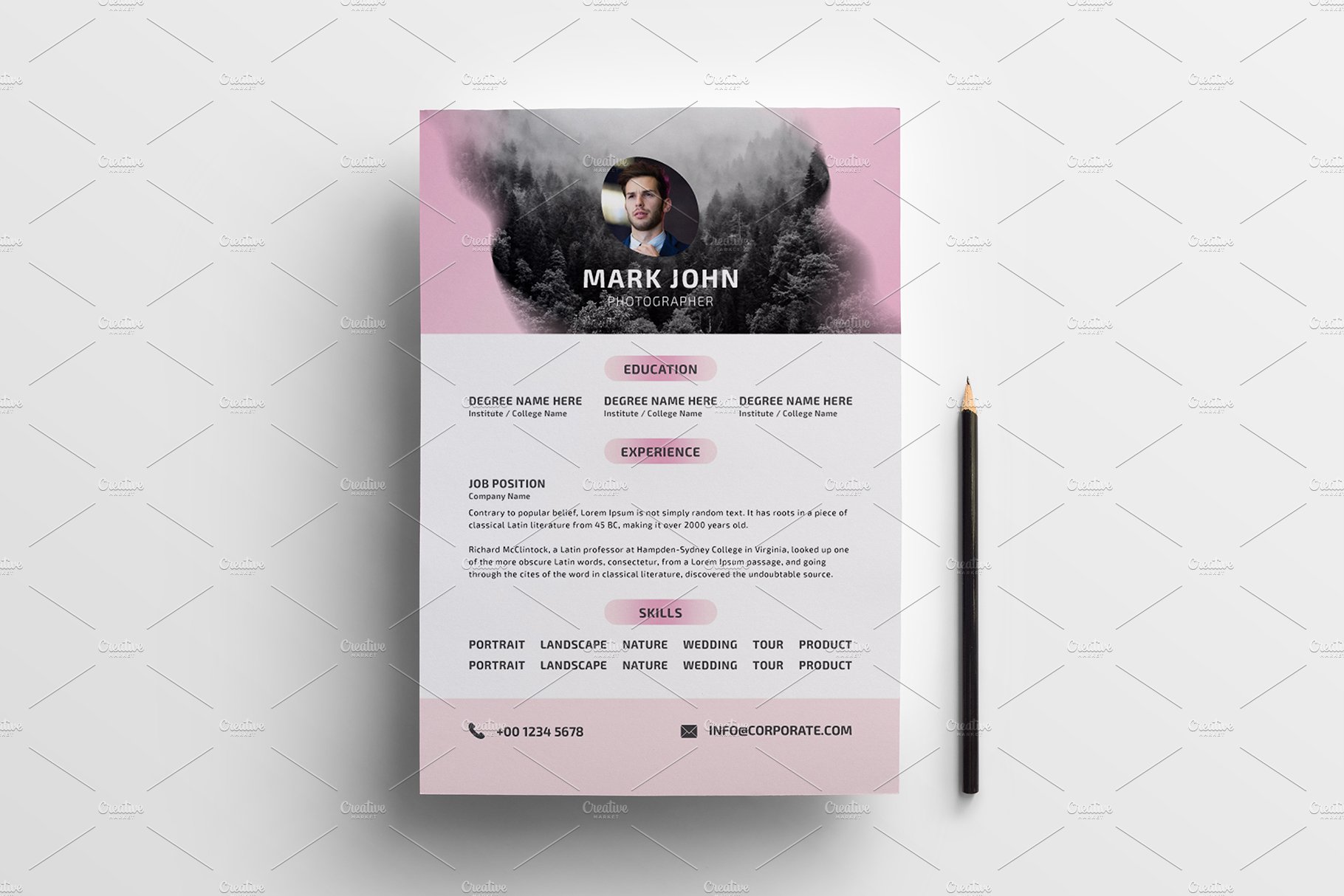 Pink and white resume template with a pencil.