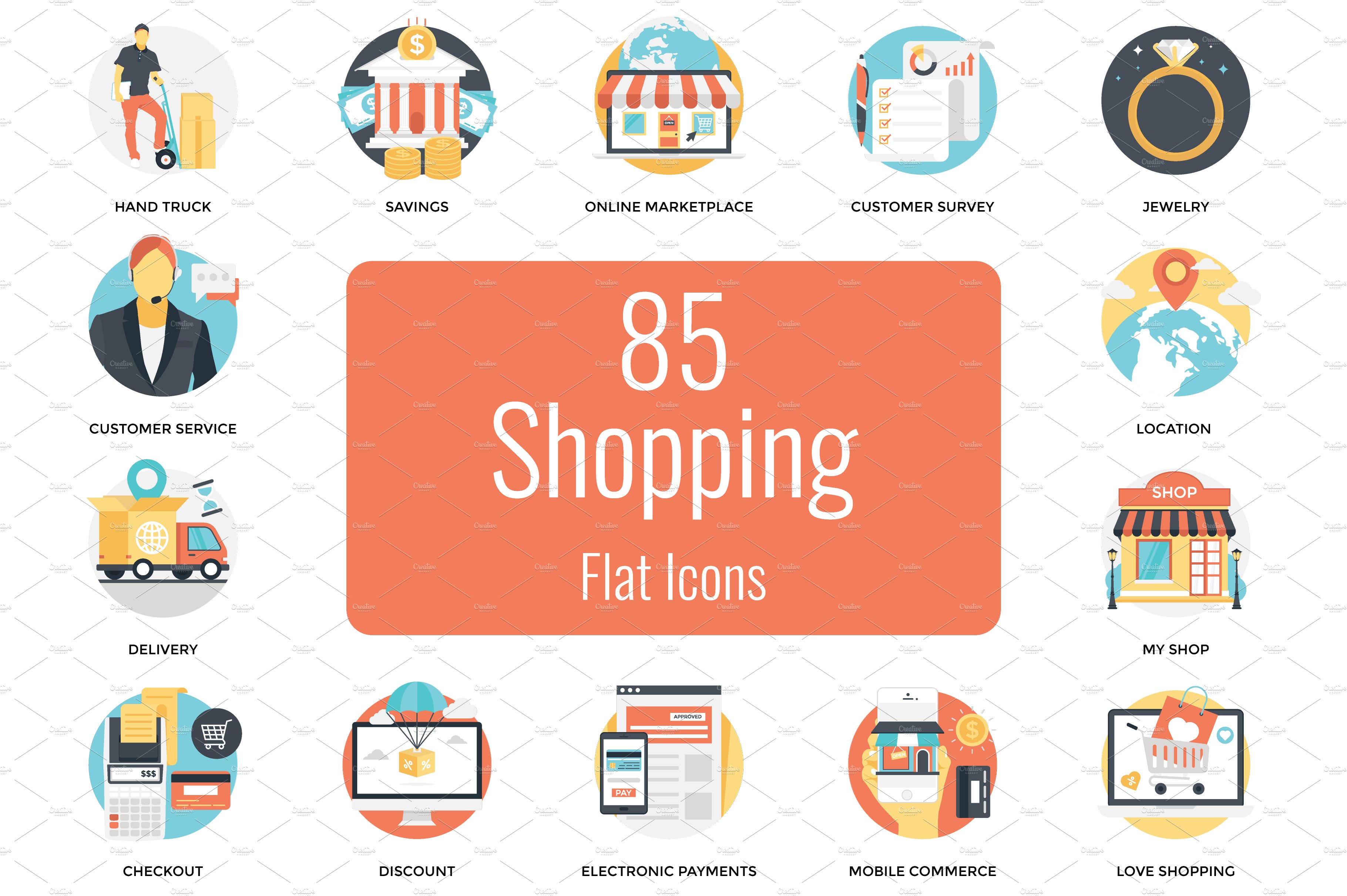 85 Flat Shopping Vector Icons cover image.