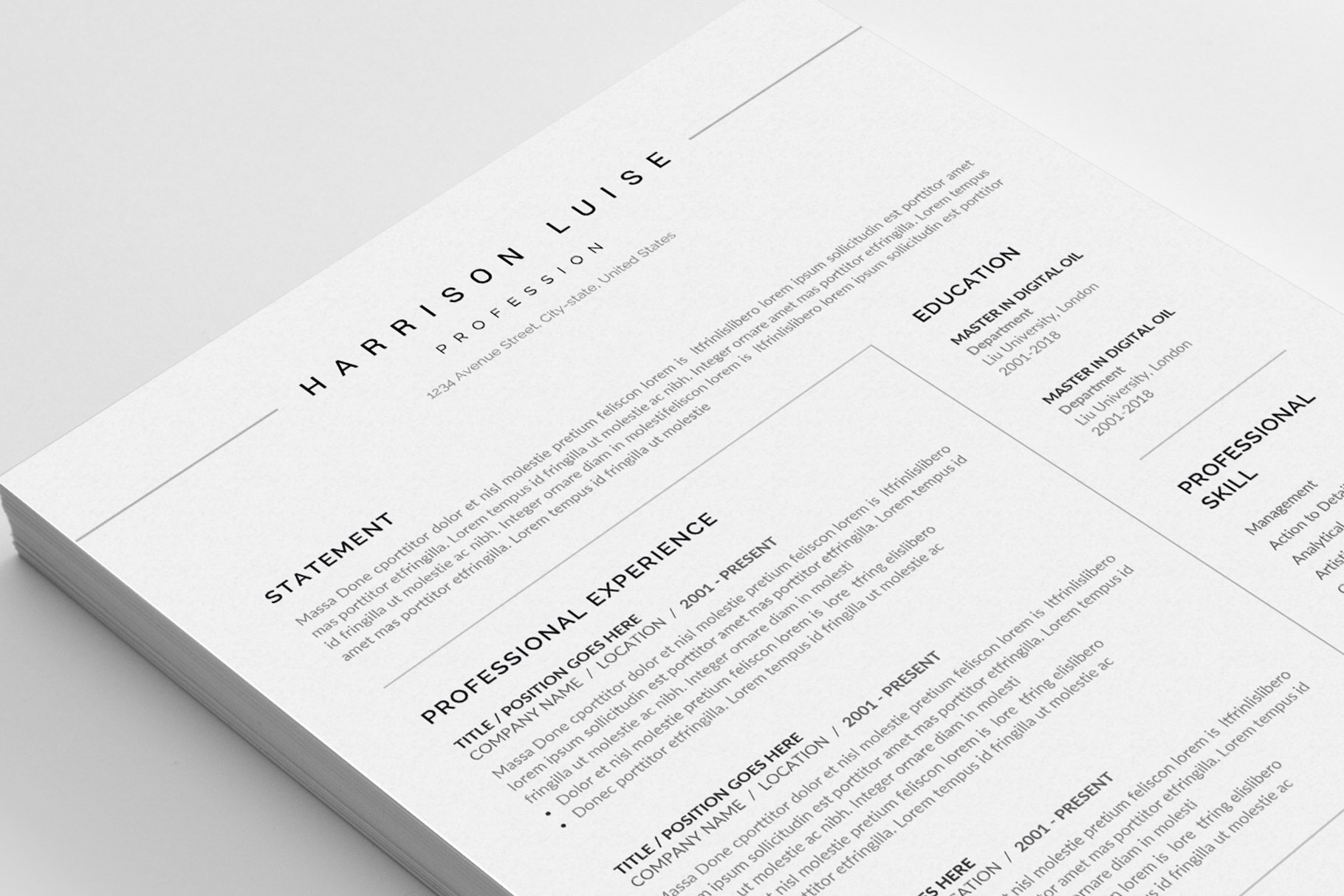 Clean and modern resume is displayed on a white surface.