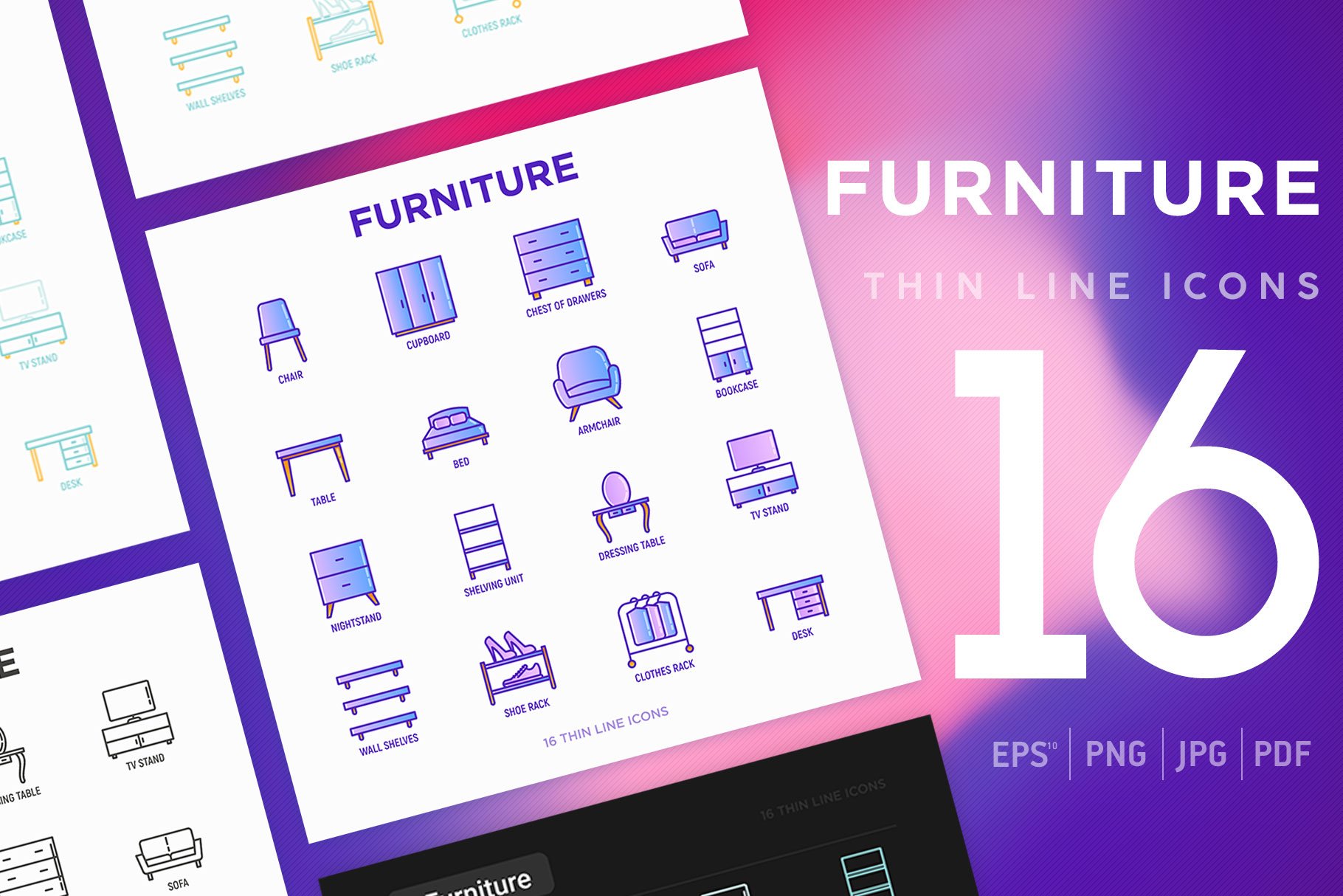 Furniture | 16 Thin Line Icons Set cover image.