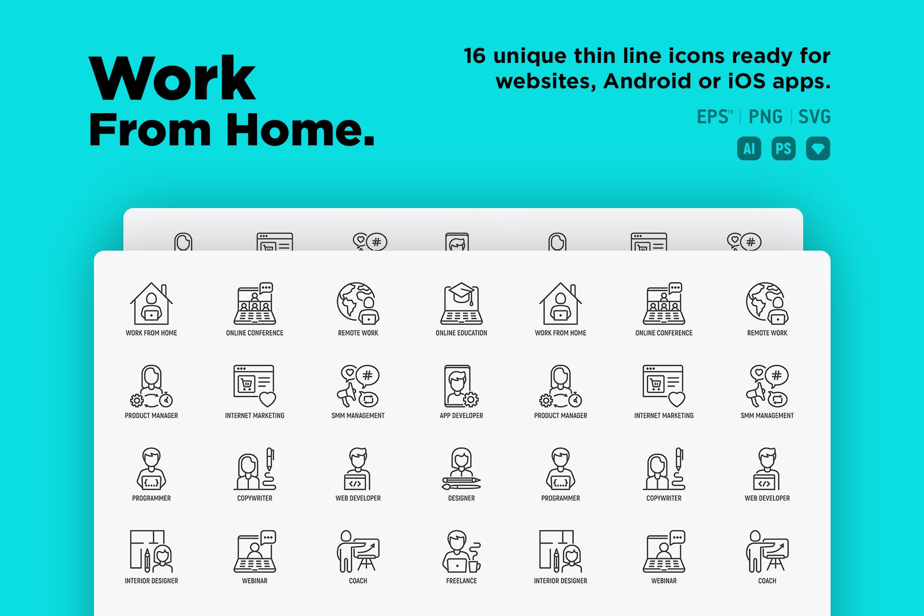 Work From Home  | 16 Thin Line Icons preview image.