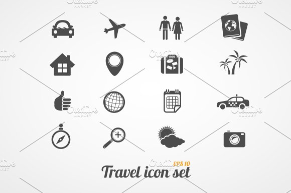 Travel icons set. Black white cover image.