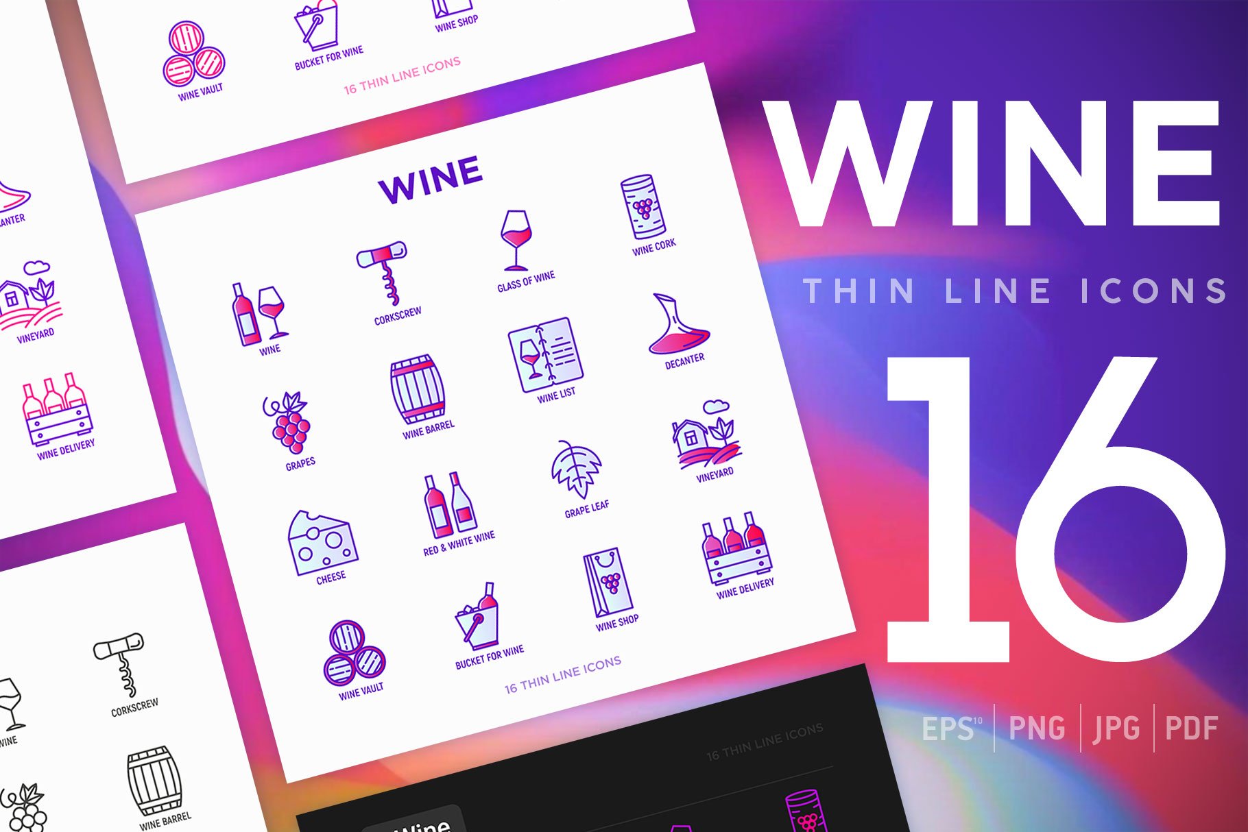 Wine | 16 Thin Line Icons Set cover image.