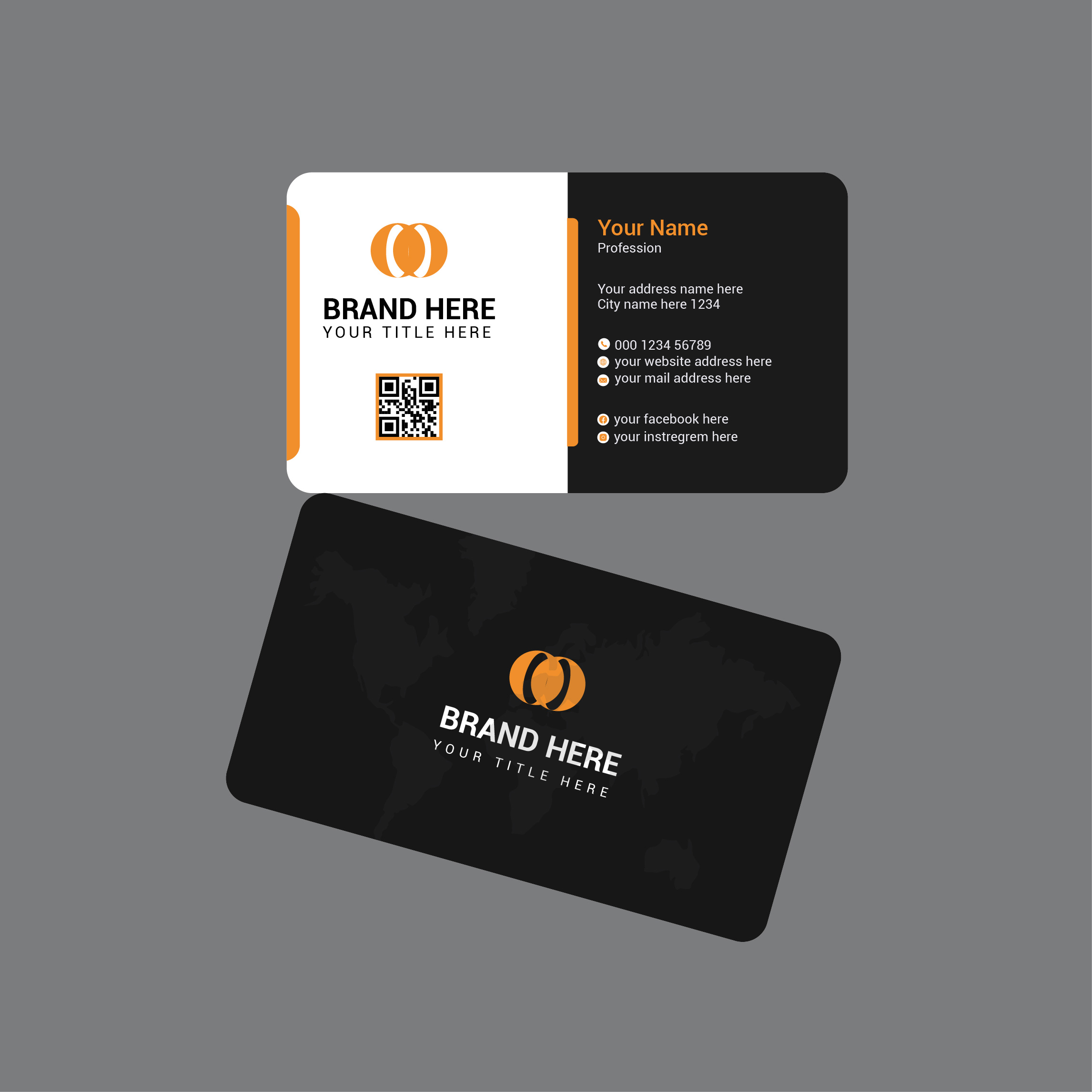 Black and white business card with orange accents.