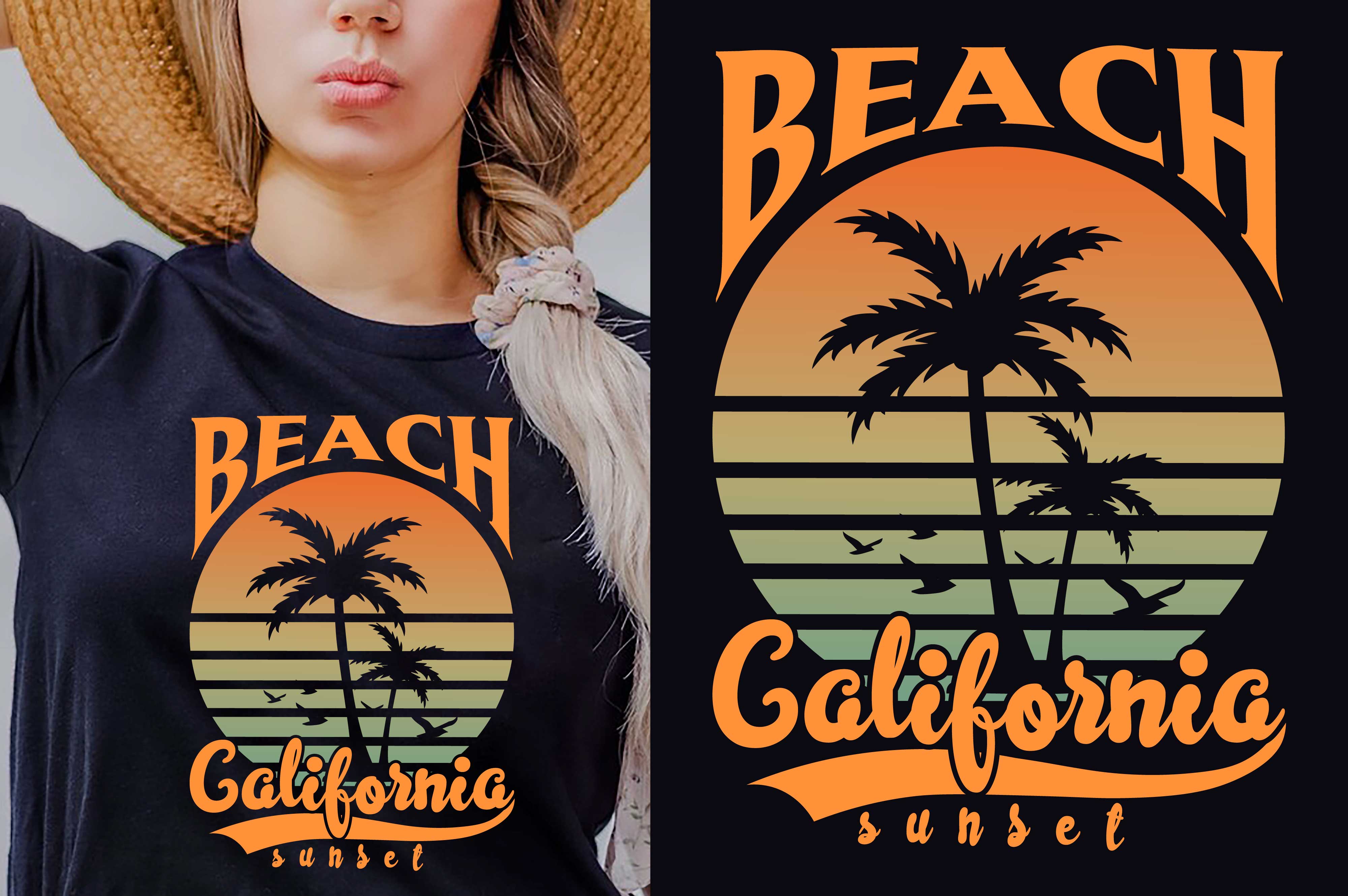 Woman wearing a hat and a t - shirt with the words beach california sunset.