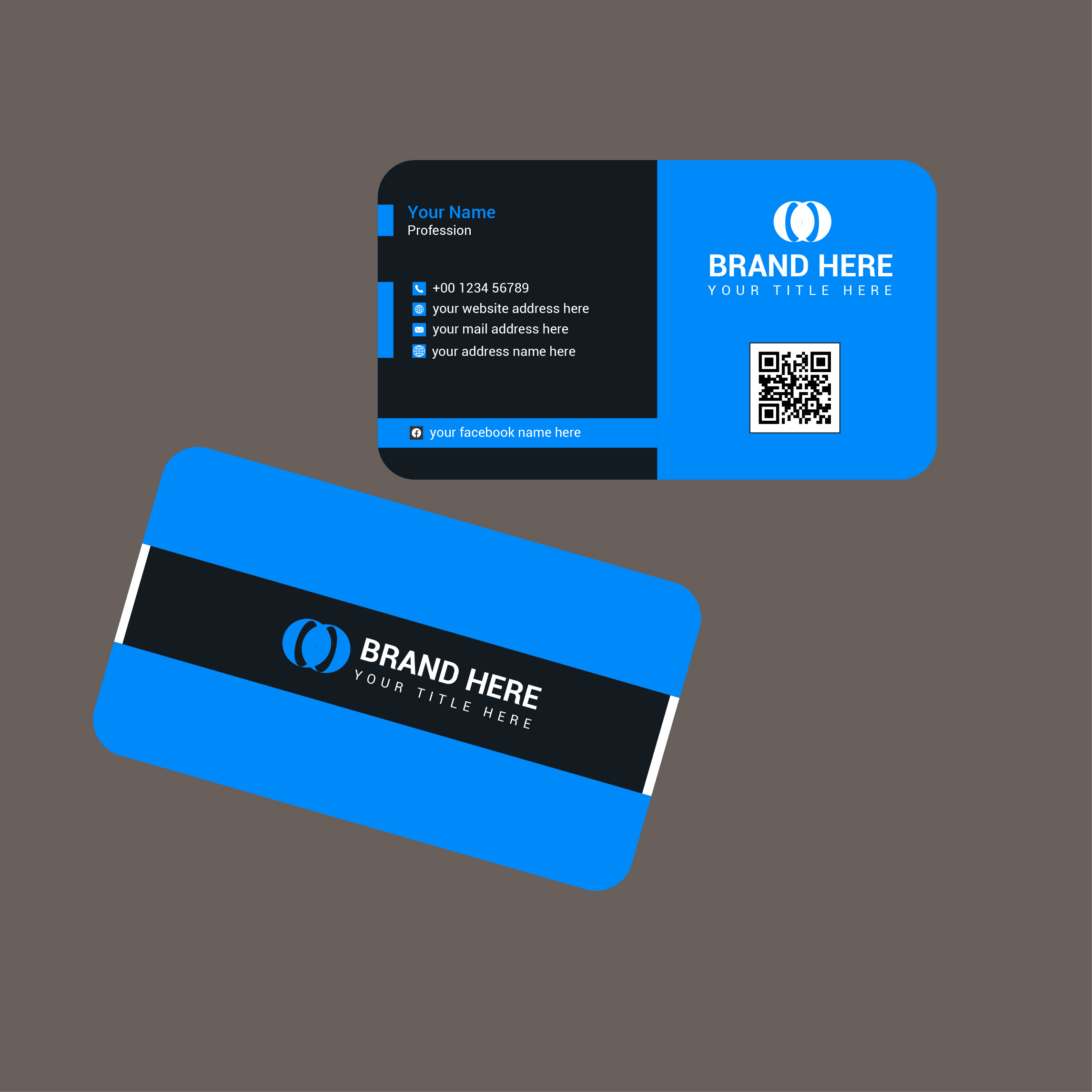 Blue and black business card on a gray background.