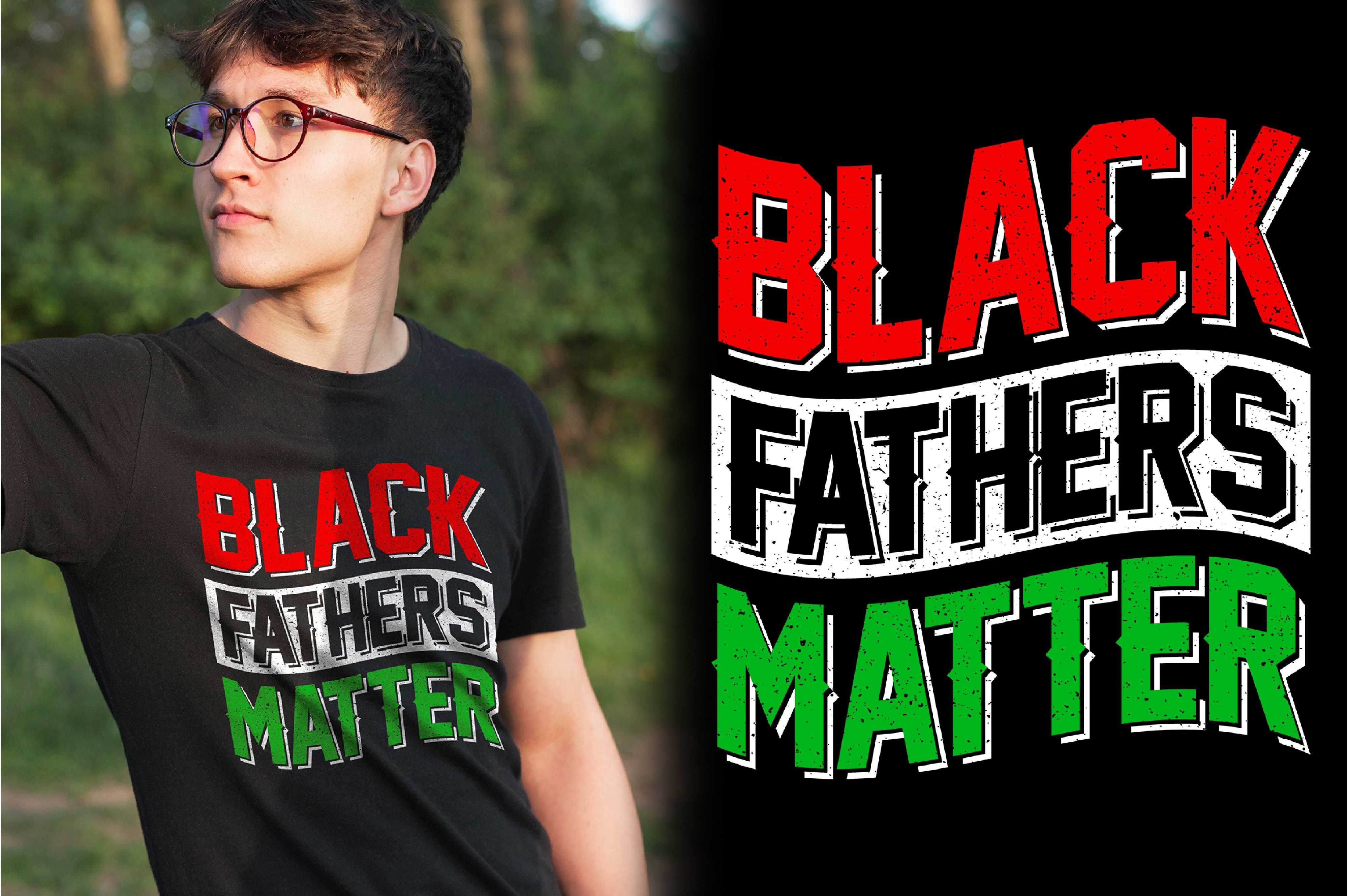Young man wearing a black father's matter t - shirt.