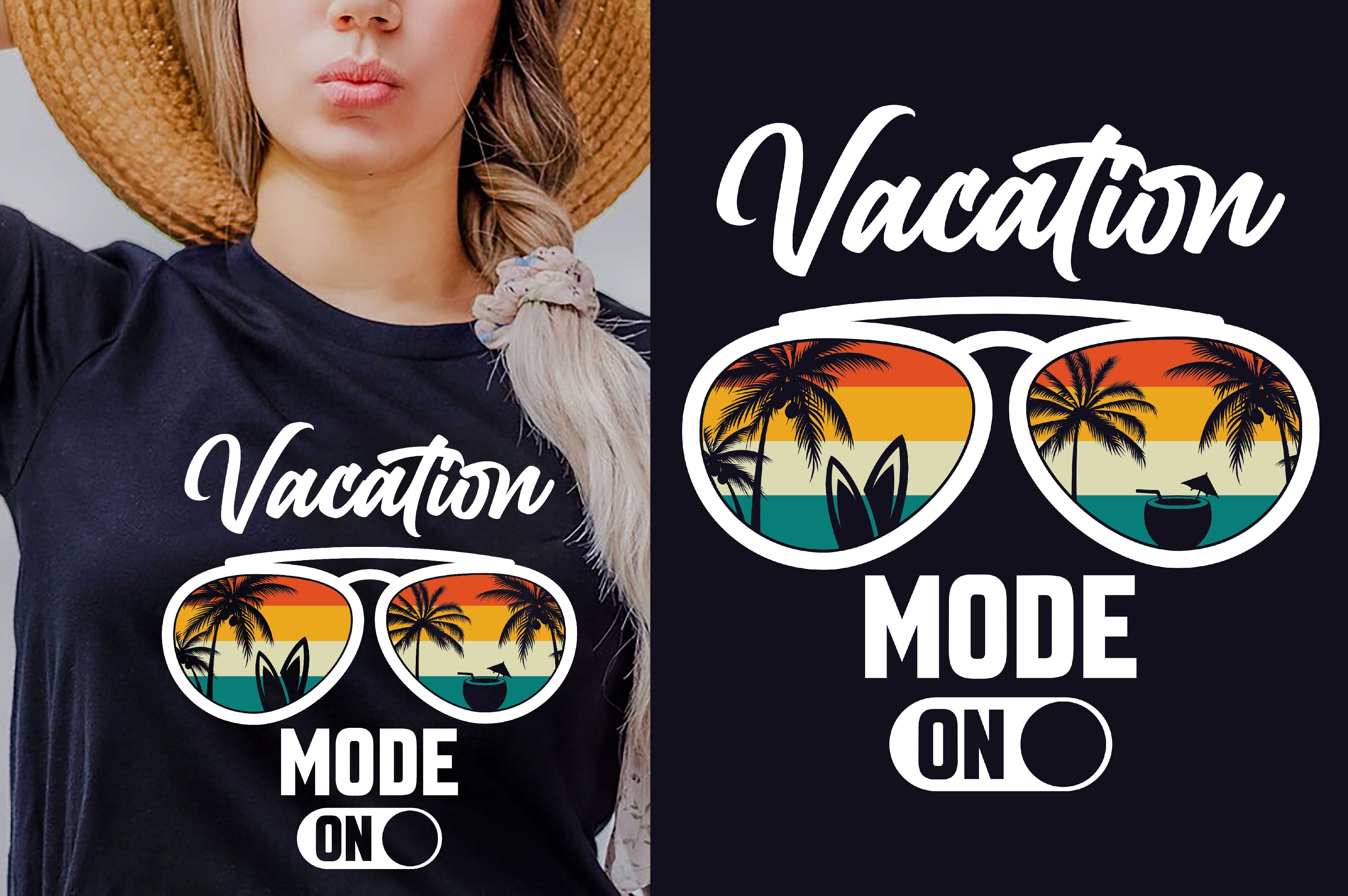 Woman wearing a vacation mode on t - shirt.