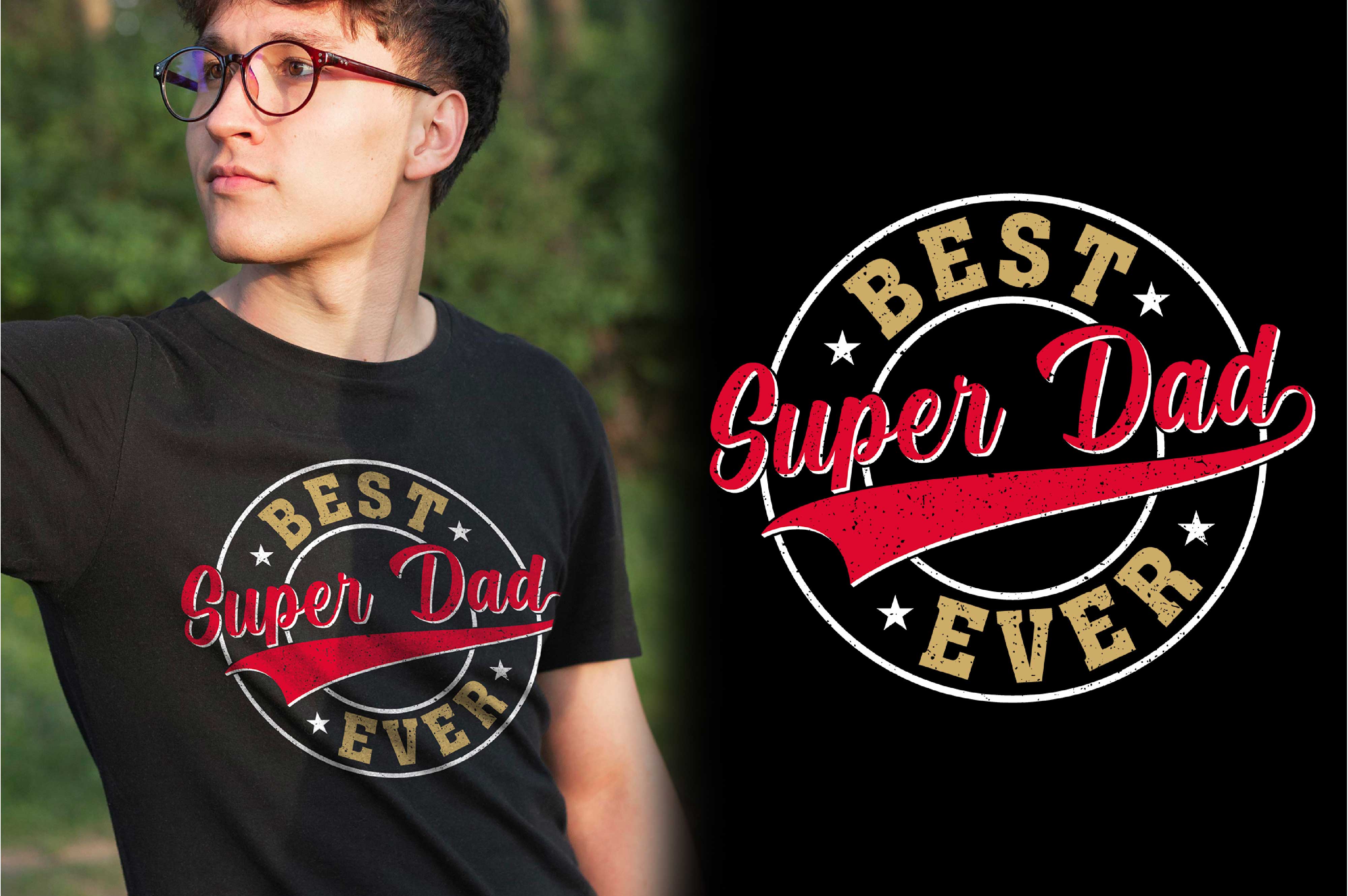 Young man wearing a black shirt with the words best super dad on it.