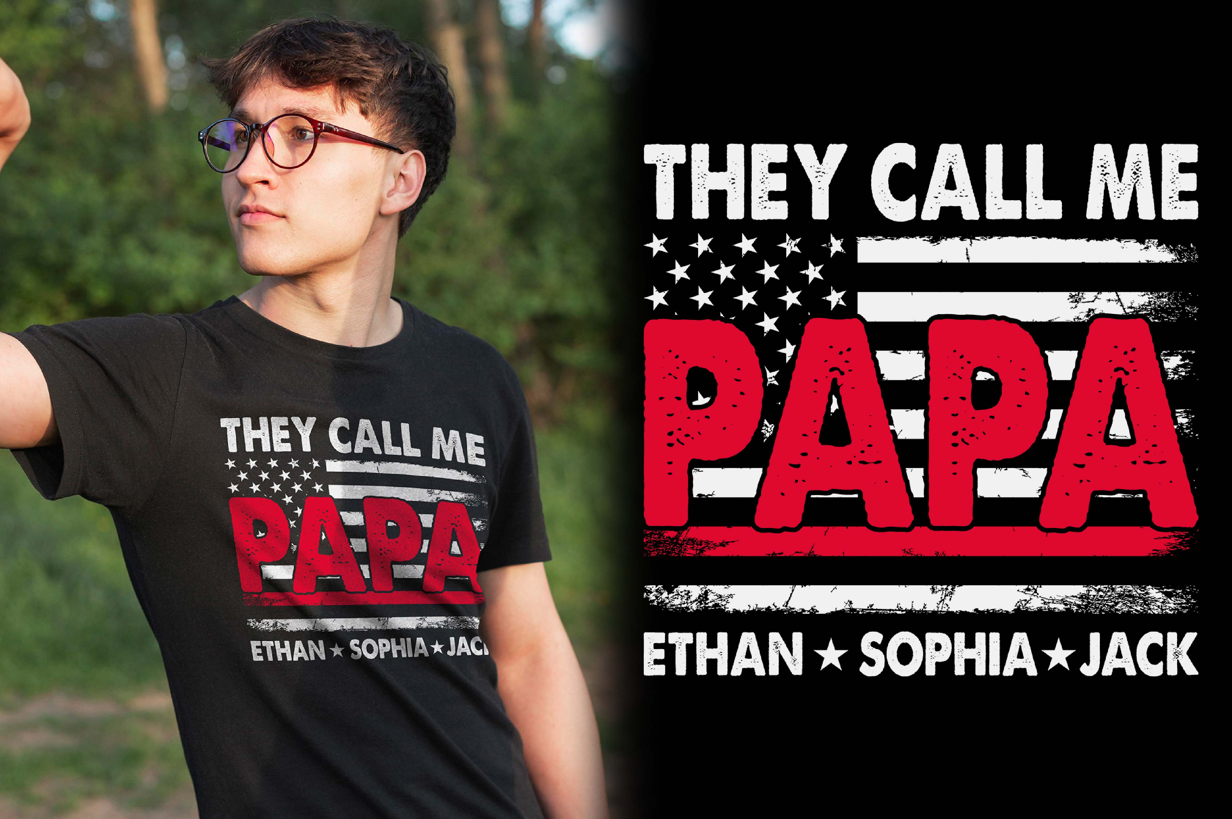 Young man wearing a black shirt with the words papa printed on it.